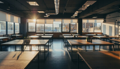 Global meeting room with tables and chairs amidst rising political tension world and complex geopolitic issues viewed from the front