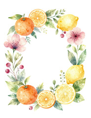 Watercolor wreath with oranges and lemons isolated