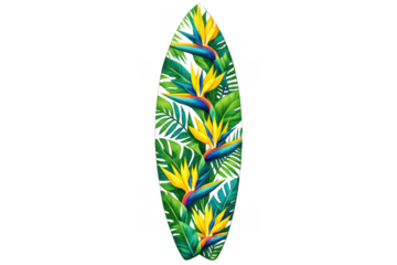 Surfboard shape decorated with tropical bird of paradise flowers and lush green palm leaves, vibrant summer vacation concept