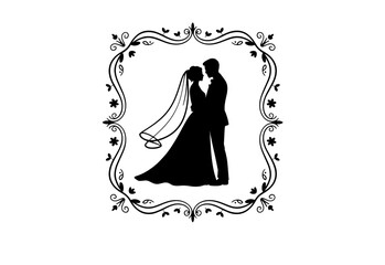 Black vector silhouette illustration of a romantic couple , married bride and groom kissing in a wedding celebration