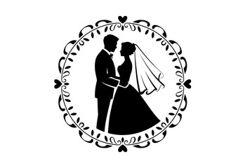 Black vector silhouette illustration of a romantic couple , married bride and groom kissing in a wedding celebration
