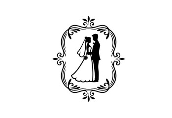 Black vector silhouette illustration of a romantic couple , married bride and groom kissing in a wedding celebration