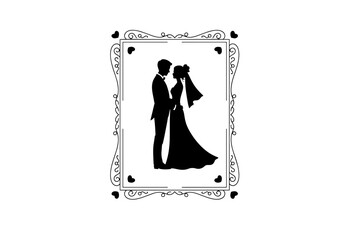 Black vector silhouette illustration of a romantic couple , married bride and groom kissing in a wedding celebration