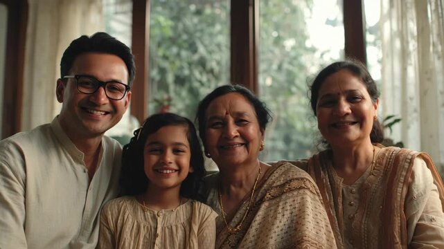 Happy Indian Family Celebrating Together at Home with Smiles and Warmth, Showing Multigenerational Bonding and Cultural Connection