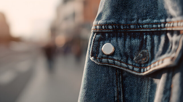 Close up of denim jacket lapel with silver button on blurred city street background