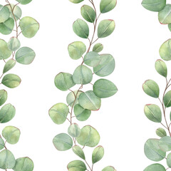 Obraz premium Watercolor eucalyptus branches seamless pattern on isolated background. Hand painted wavy aromatic leaves growing upward ornate for textile design, interior decor, wedding collection.