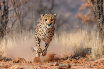 Cheetah sprints across dusty terrain with striking speed and motion blur Generative AI
