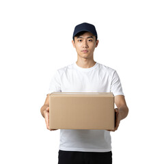 Young Asian delivery man holding a cardboard box