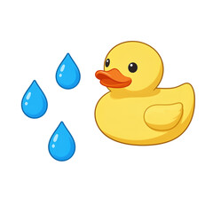 Yellow rubber duck with blue water droplets