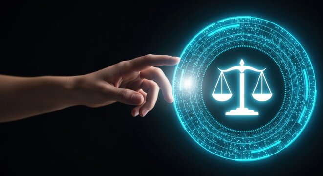 Digital Justice: Hand Interacting with Scales of Justice Icon in Futuristic Interface on Black Background