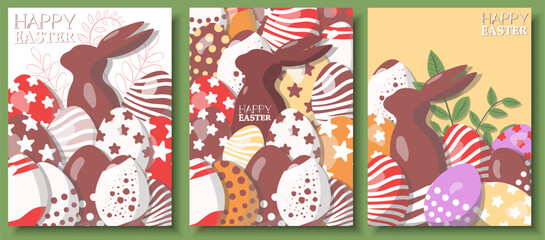 Set of Easter greeting card, flyer design template with chocolate bunny and eggs, Easter sweets. Layout Holidays, presentation, brochure, banner, set, background.