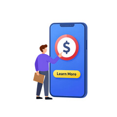 Young man pointing to dollar sign on large smartphone