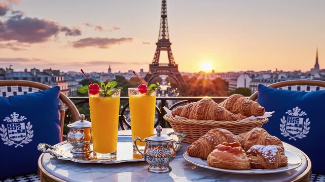 Rooftop breakfast in paris with eiffel tower view at sunset
