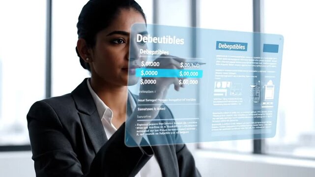 Professional Businesswoman Analyzing Financial Data and Debentures on a Transparent Digital Display Screen in a Modern Corporate Office Environment.