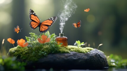Miniature fairy garden with tiny diffuser attracting butterflies and hummingbirds.