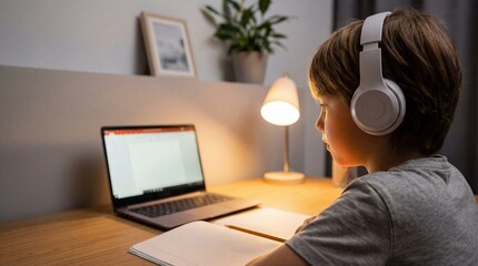 Focused schoolboy in headphones learning online with a laptop and notebook at a wooden desk under warm lamp light.