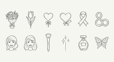 Collection of feminine icons including flowers, hearts, makeup, and butterflies