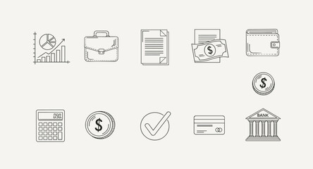 Collection of financial and business icons in a clean, modern line art style