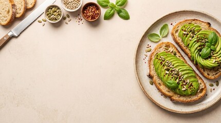 Overhead view of two avocado toasts on a rustic plate with basil, seeds, and chili flakes, accompanied by bread, a knife, and ingredient bowls on a...