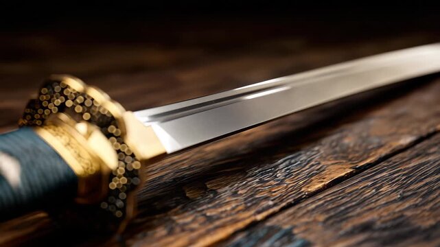 Close view of a sword resting on a wooden surface, showcasing the details of the handle and blade in a dimly lit setting