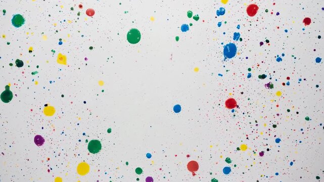 Vibrant dots and splatters of color adorn a bright, blank background