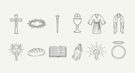 Fototapeta premium Collection of Christian religious symbols and icons in a minimalist line art style