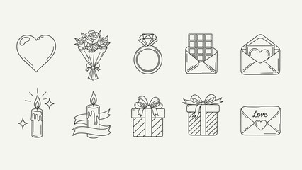 Collection of romantic icons for Valentine's Day and love celebrations