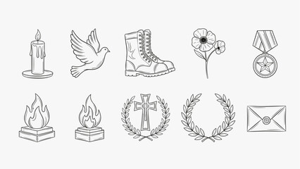 Collection of memorial and remembrance symbols in a hand-drawn outline style