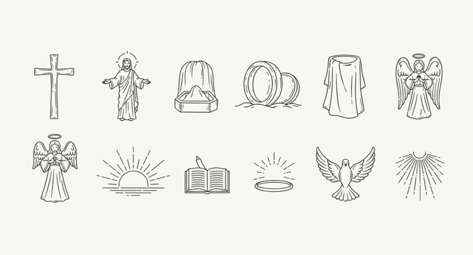 Collection of Christian religious symbols and icons in a minimalist line art style