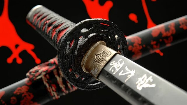 Detailed view of a sword with a black and red handle, showing blade inscriptions and guard design in a studio setting