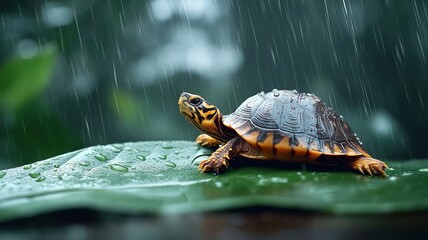 Turtle sheltering under a large leaf in a rain-soaked rainforest, with raindrops cascading down its shell and reflecting the vibrant greenery around it.