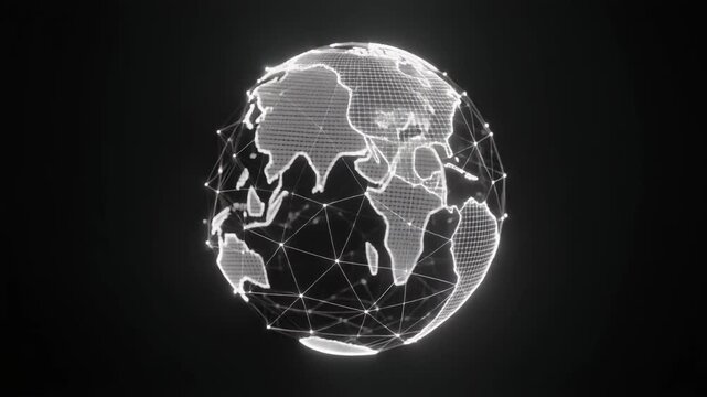 Geometric wireframe earth globe rotating with glowing white lines futuristic data visualization technology global network