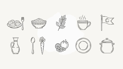 Collection of hand-drawn food and kitchen icons with a Turkish flag and steaming cup
