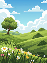 Naklejka premium Vibrant Spring Meadow Landscape Vector Illustration with Rolling Hills and Wildflowers