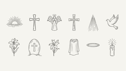 Collection of Christian religious symbols and icons in a simple line art style