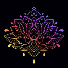 Colorful Lotus floral pattern for Mehndi and Henna drawing. Hand-draw lotus symbol. Decoration in ethnic oriental, Indian style. Rainbow design on black background.