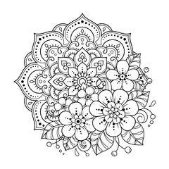 Circular pattern in form of mandala with flower for Henna, Mehndi, tattoo, decoration. Decorative ornament in ethnic oriental style. Outline doodle hand draw vector illustration.