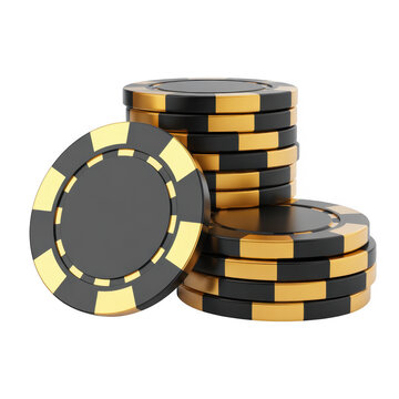 Stack of black and gold poker chips gambling chips isolated on a transparent background