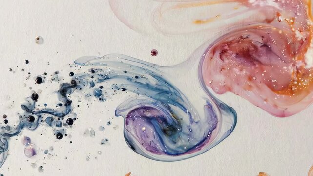 Swirling fluid art with pink and blue hues, sprinkled with tiny reflective particles