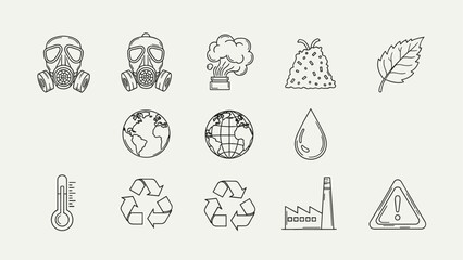 Fototapeta premium Collection of environmental protection and pollution icons in a simple line art style