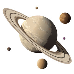 Planet Saturn in space with several moons and stars on transparent background. A cosmic and astronomy vector illustration perfect for design projects, educational materials, or a space-themed. © bikram