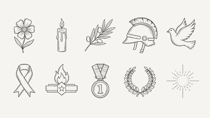 Collection of symbols representing remembrance, honor, and peace in a minimalist line art style