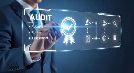 Business Man Interacting with an Audit Interface for Compliance, Assessment, and Financial Review on a Digital Screen