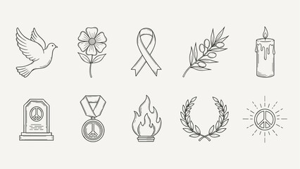 Collection of peace symbols and memorial icons in a hand-drawn sketch style