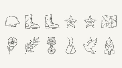 Obraz premium Collection of military and remembrance icons including helmet, boots, medals, and symbols of peace
