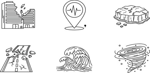 Fototapeta premium Natural disaster and emergency alert line icons set including earthquake, tsunami waves, tornado, volcanic eruption, flood, and location pulse symbol.