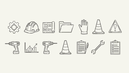 Construction and industry icons set with tools, safety equipment, and planning documents