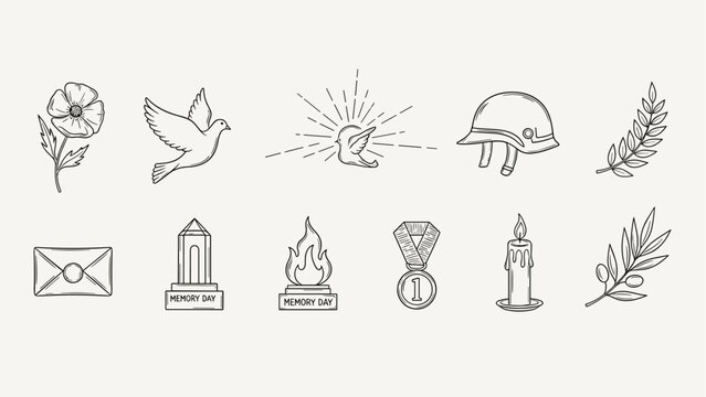 Collection of hand-drawn icons representing remembrance, peace, and honor for solemn occasions
