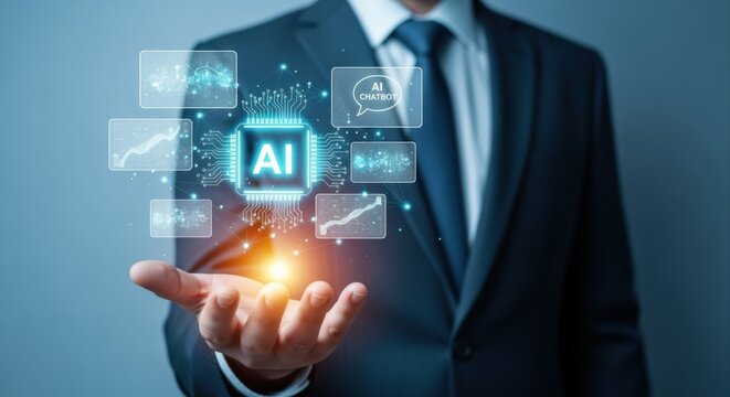Artificial Intelligence in Business: A Businessman Holding a Digital Display Showcasing AI Technology and Data Analytics - Powered by Adobe