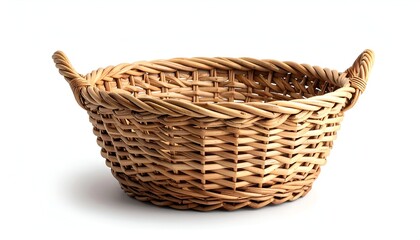 An empty, round, light brown woven basket with two handles, casting a soft shadow on white